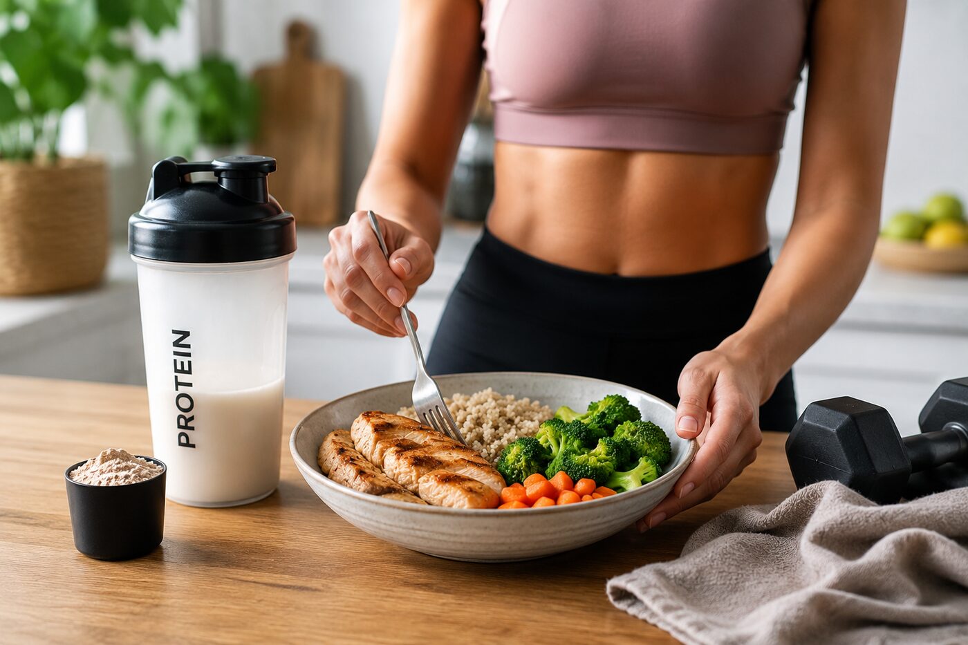 Femme dégustant une assiette protéinée post-entraînement, avec shaker de protéines