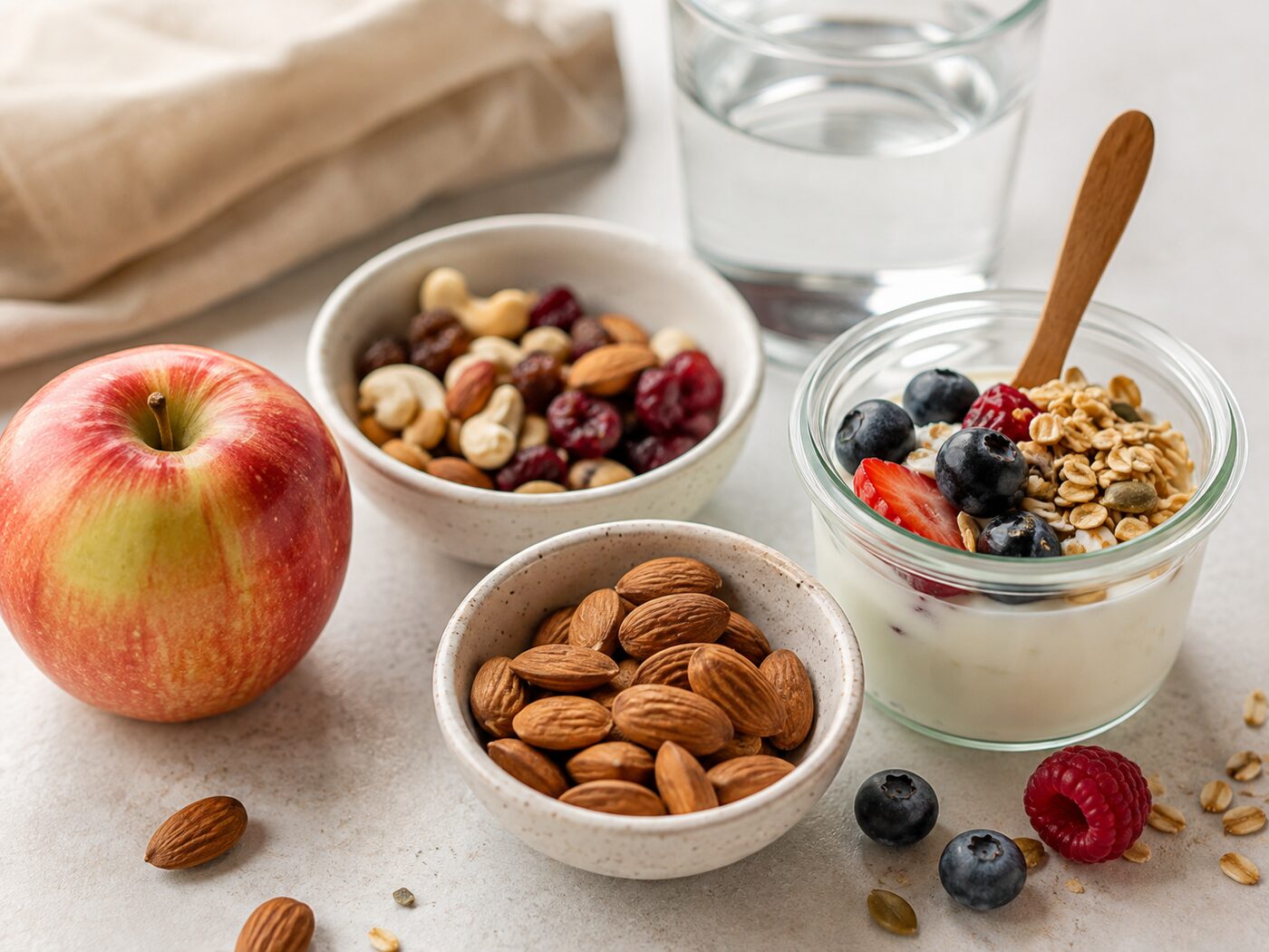 Collation saine : pomme, fruits secs, amandes et yaourt au granola