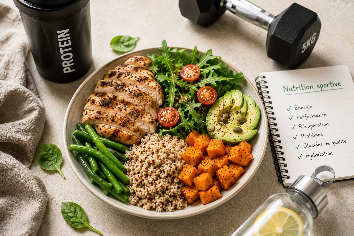 Assiette de nutrition sportive avec poulet, quinoa, patate douce et haricots verts, à côté d'un shaker de protéines