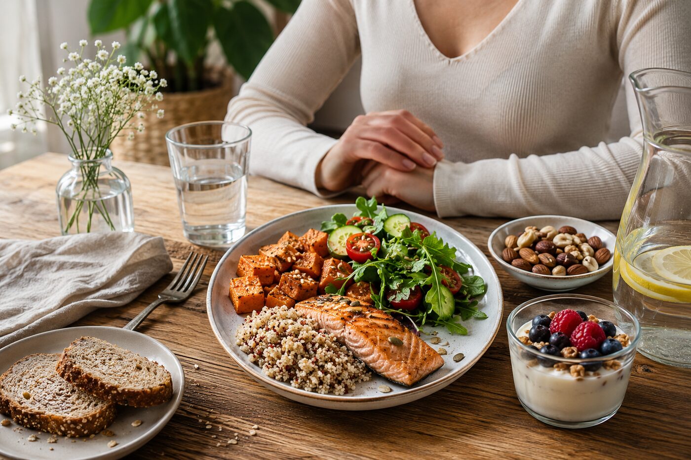 Repas complet et varié : saumon, patate douce, salade, pain complet et fruits à coque