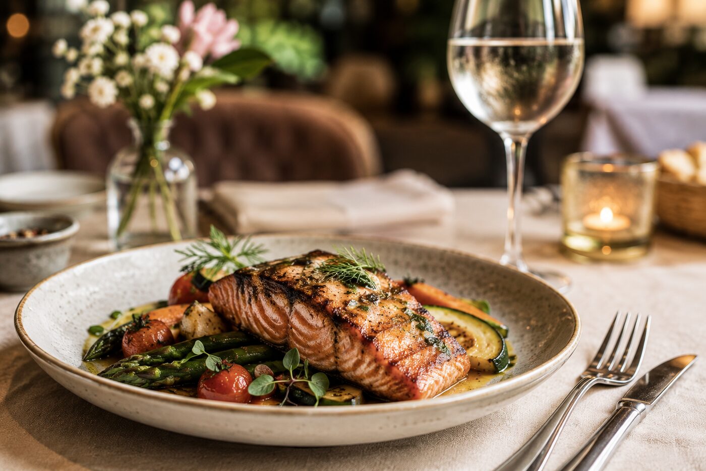 Assiette de saumon grillé et légumes dans un restaurant, avec un verre de vin blanc