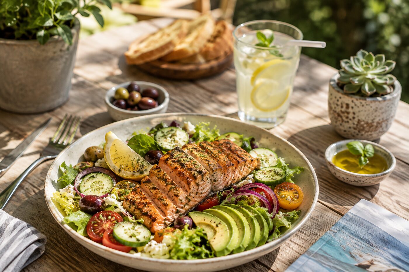 Salade de saumon fraîche sur une table en bois en extérieur, ambiance vacances