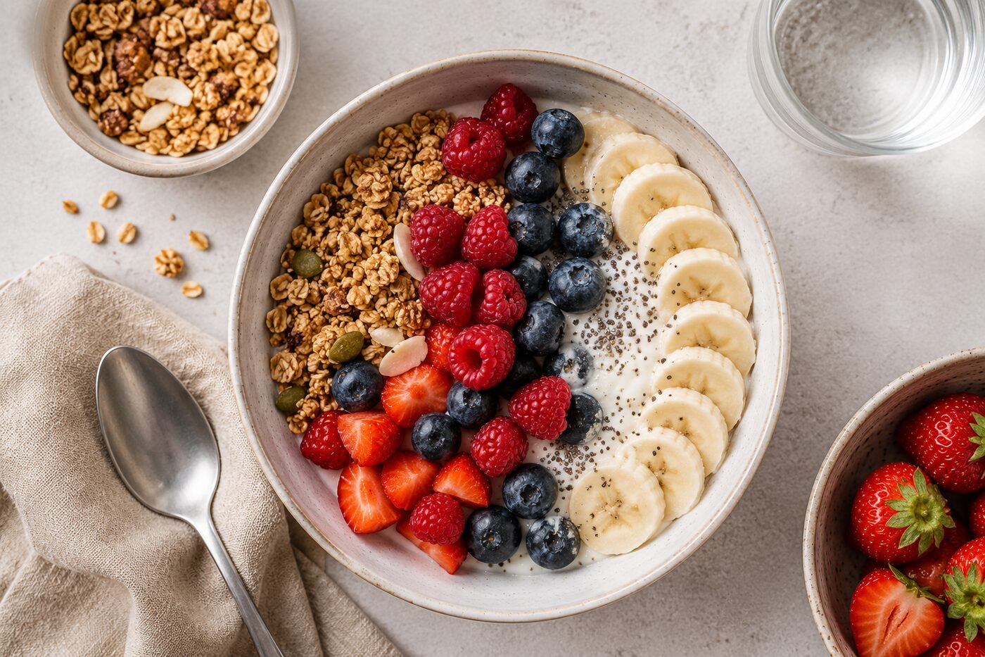 Bowl petit-déjeuner protéiné avec yaourt, granola, fruits rouges et banane