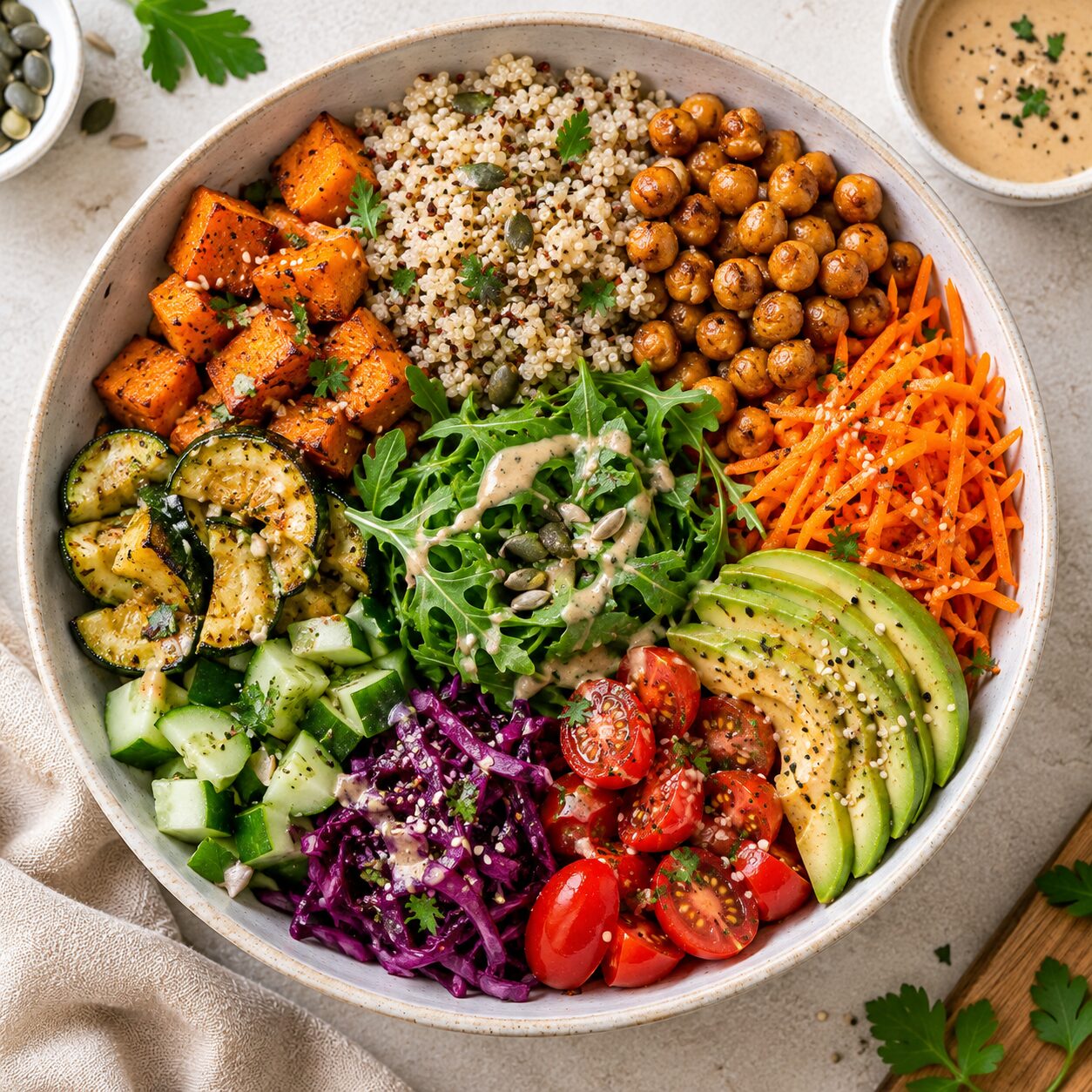 Buddha bowl coloré avec quinoa, patate douce, pois chiches rôtis, avocat et légumes crus
