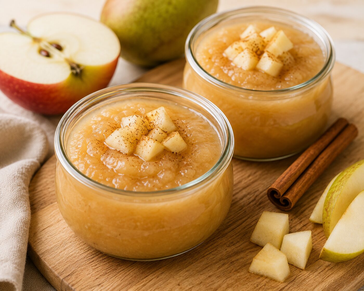 Pots de compote pomme et poire maison garnis de dés de pomme fraîche et de cannelle