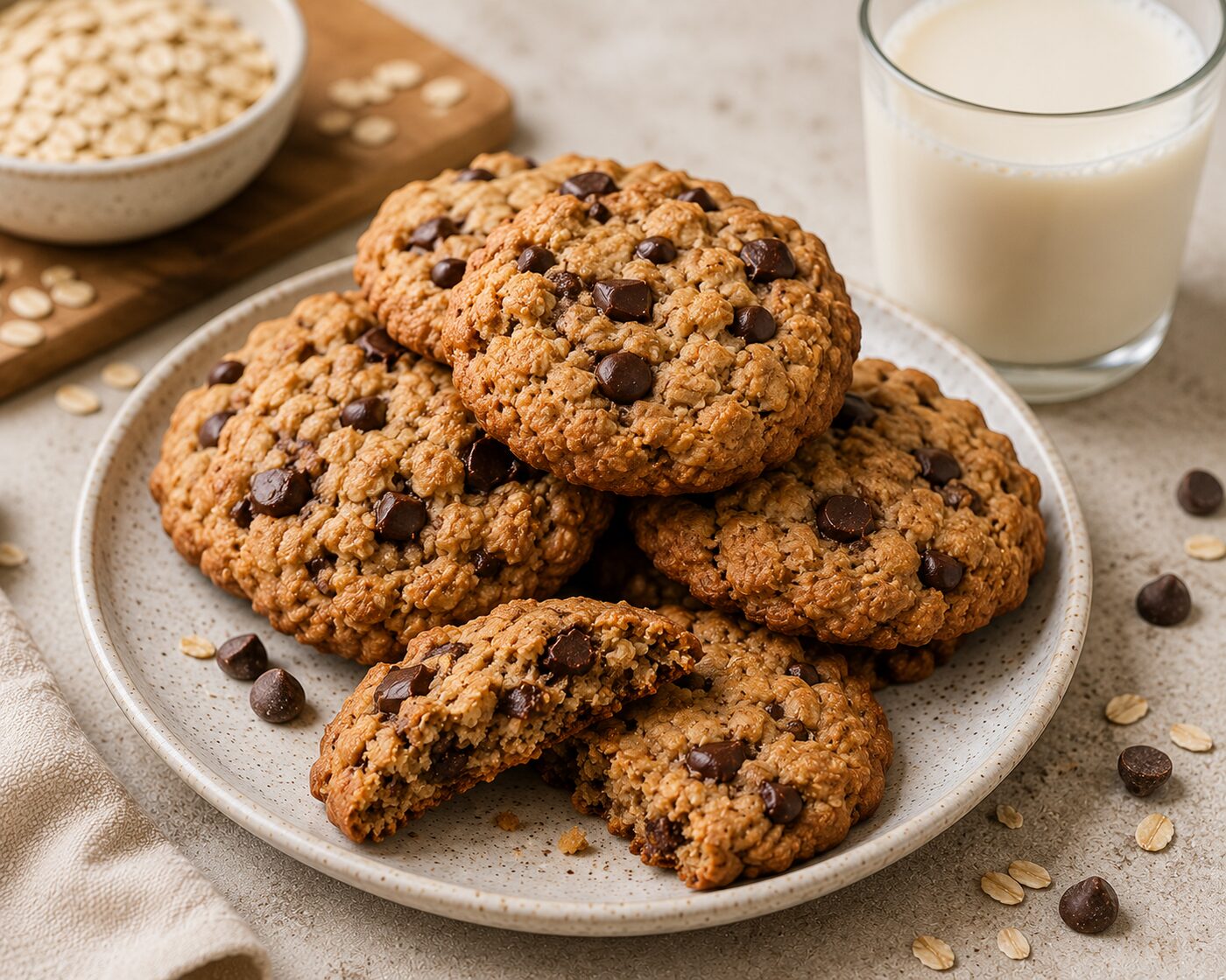 Pile de cookies moelleux aux flocons d'avoine et pépites de chocolat, servis avec un verre de lait
