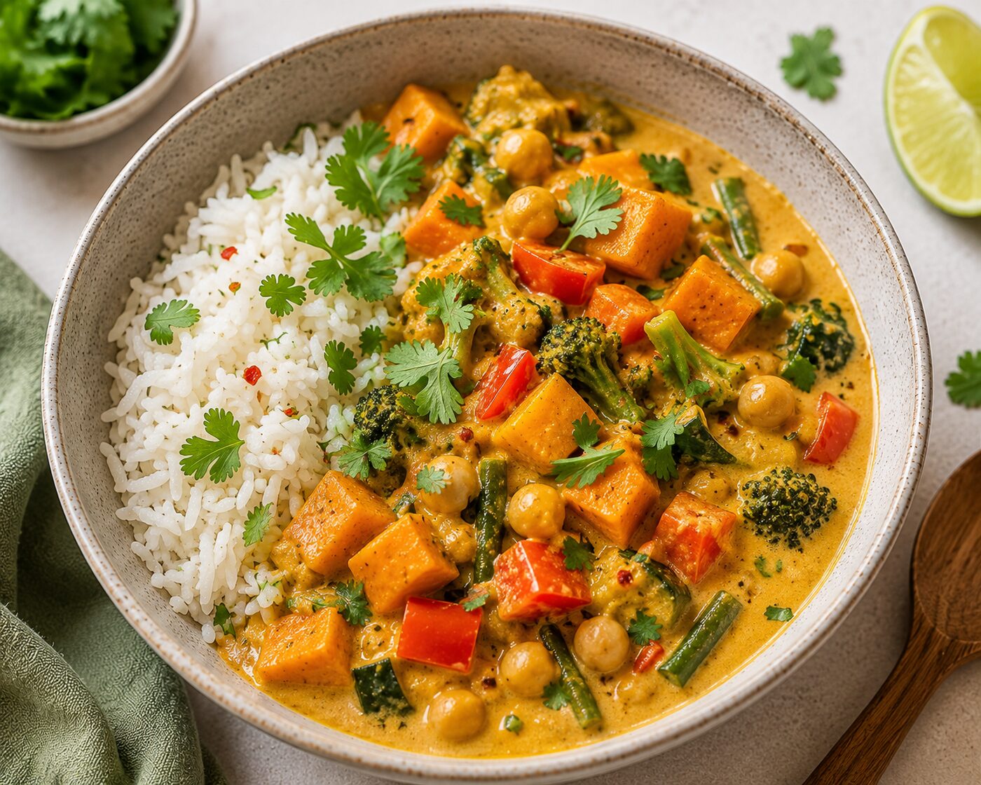 Curry de légumes onctueux au lait de coco, servi avec du riz et de la coriandre fraîche