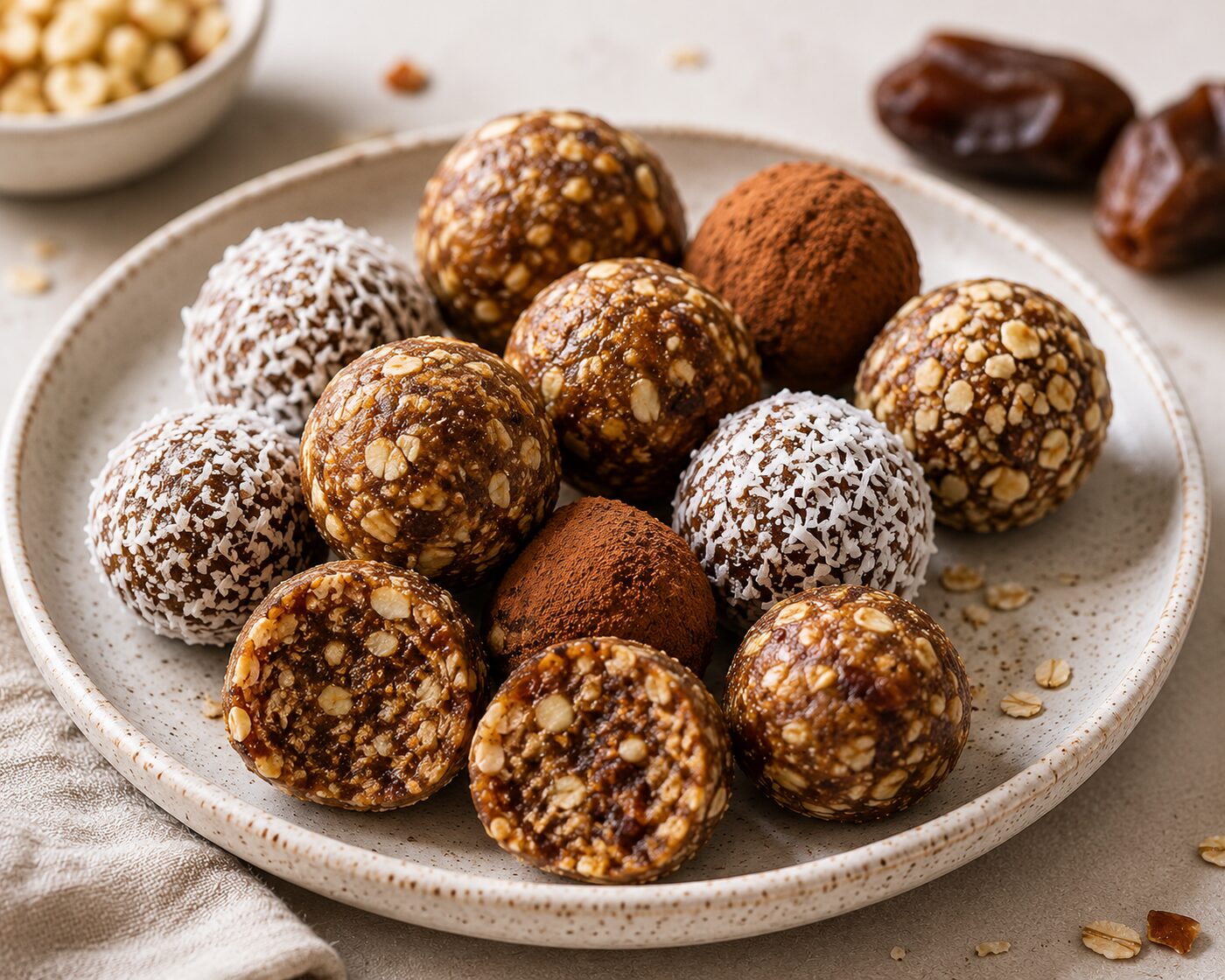 Energy balls maison aux dattes et flocons d'avoine, certaines roulées dans la noix de coco ou le cacao