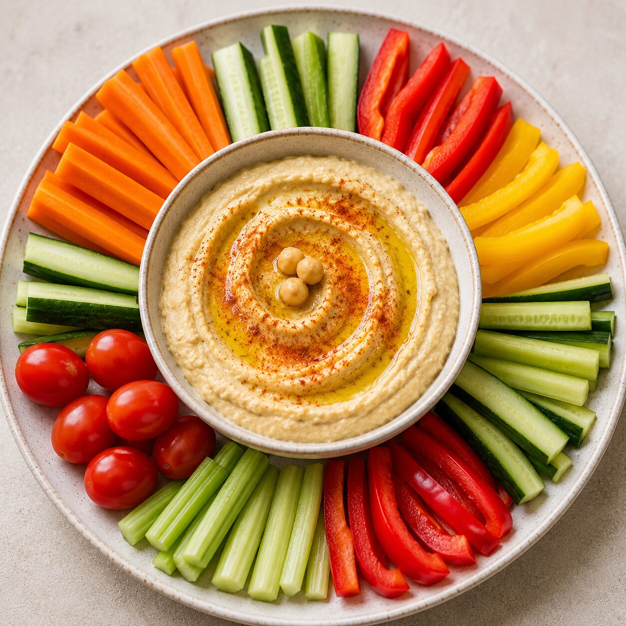Bol d'houmous crémeux entouré de bâtonnets de légumes crus variés