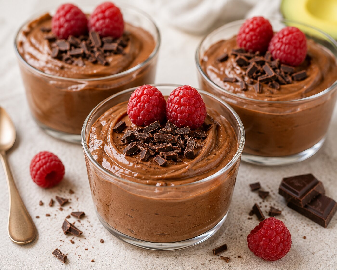 Trois verrines de mousse au chocolat à l'avocat garnies de framboises et copeaux de chocolat noir