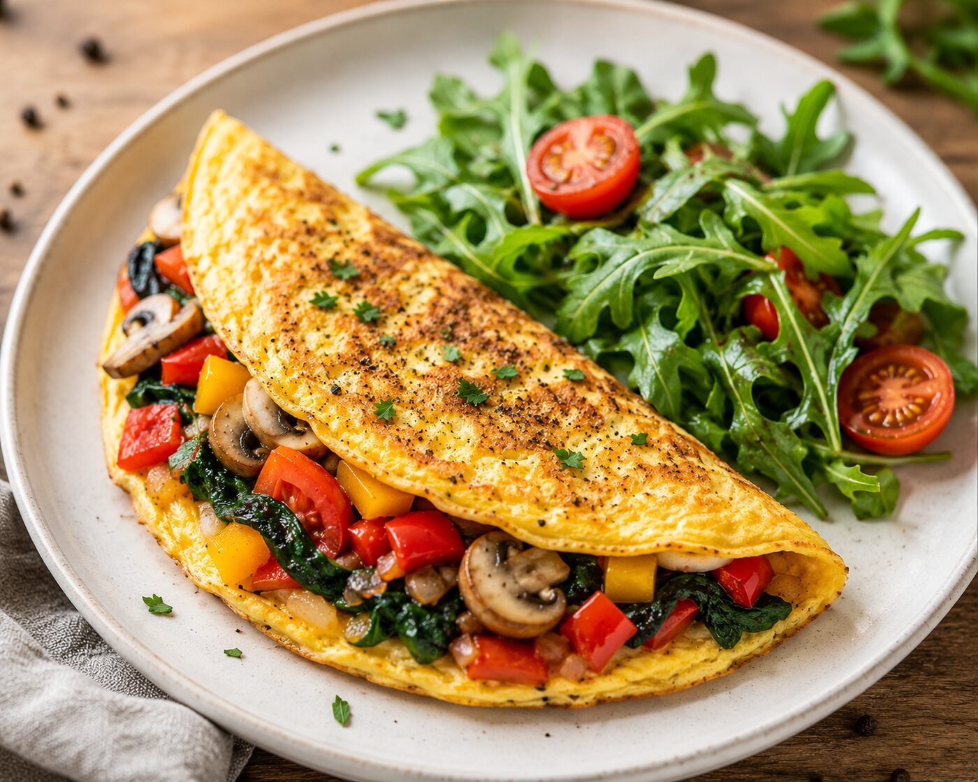 Omelette pliée garnie de légumes, servie avec une salade de roquette et tomates cerises