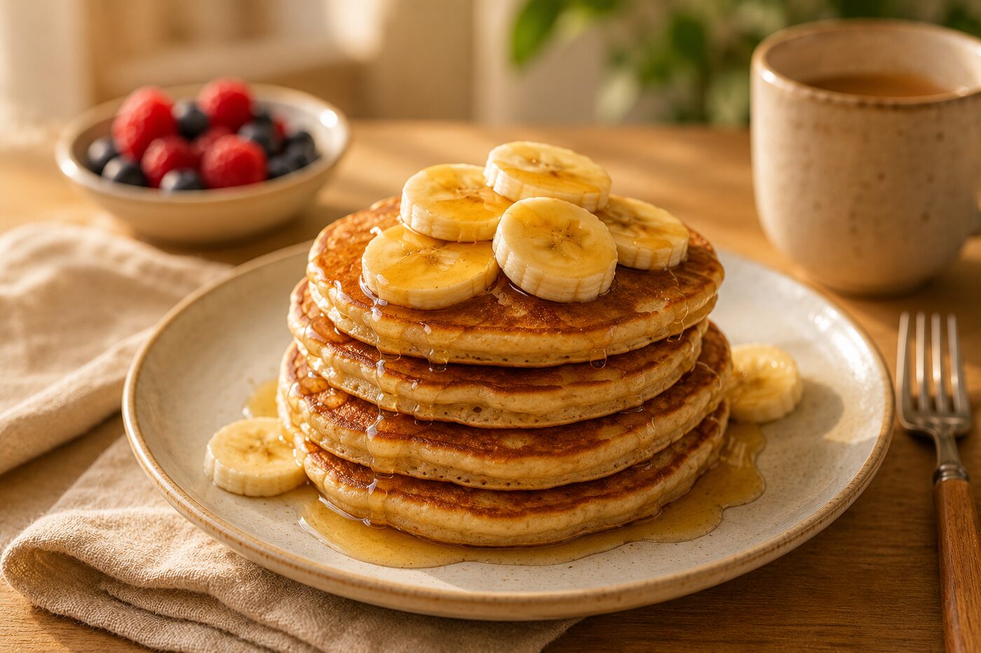 Pile de pancakes légers garnis de rondelles de banane et de miel