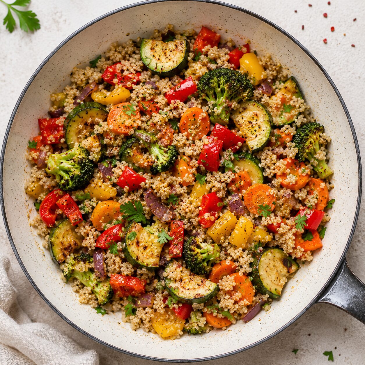 Poêlée de légumes de saison et quinoa dans une poêle