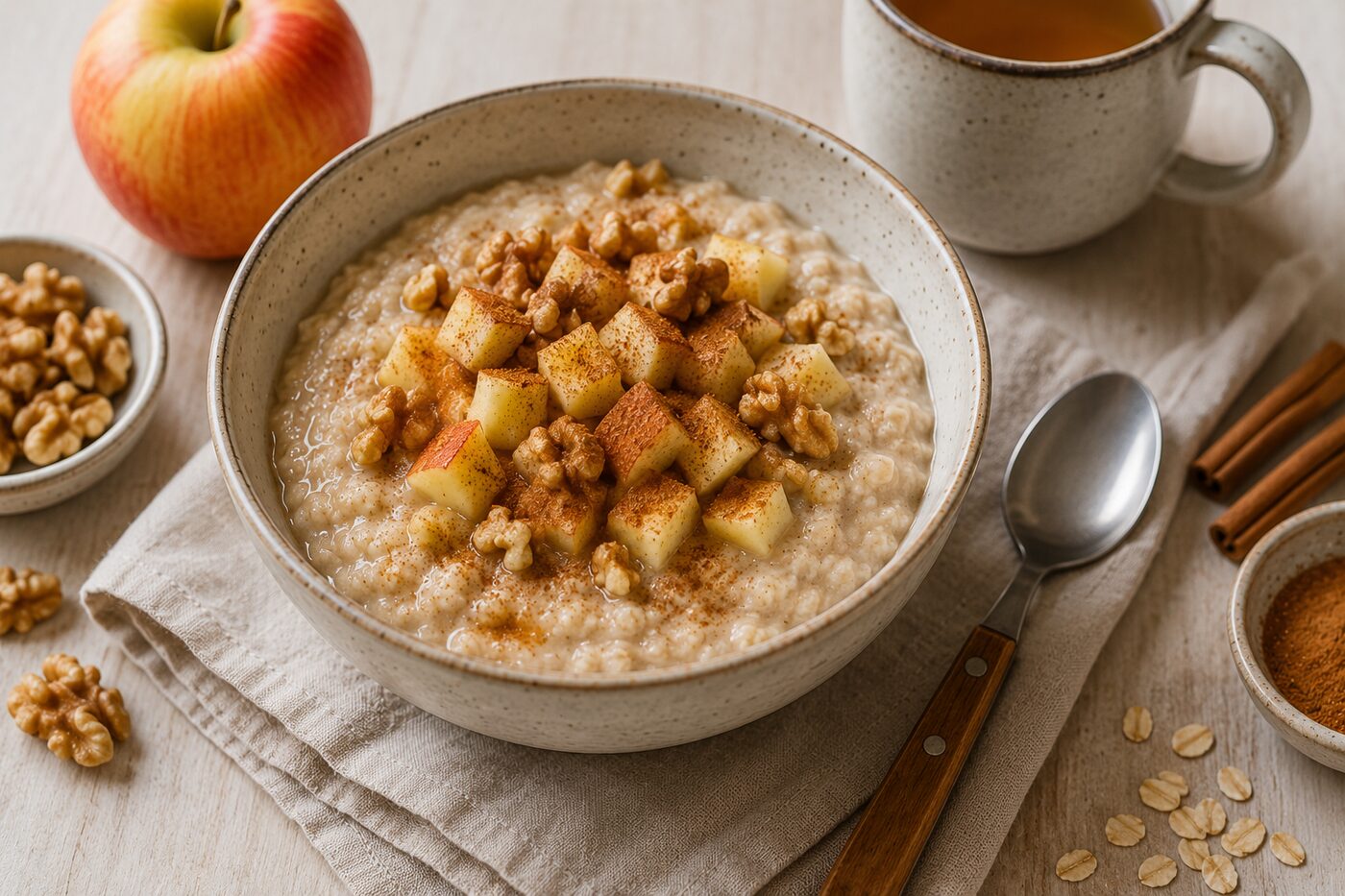 Porridge à la pomme, cannelle et noix