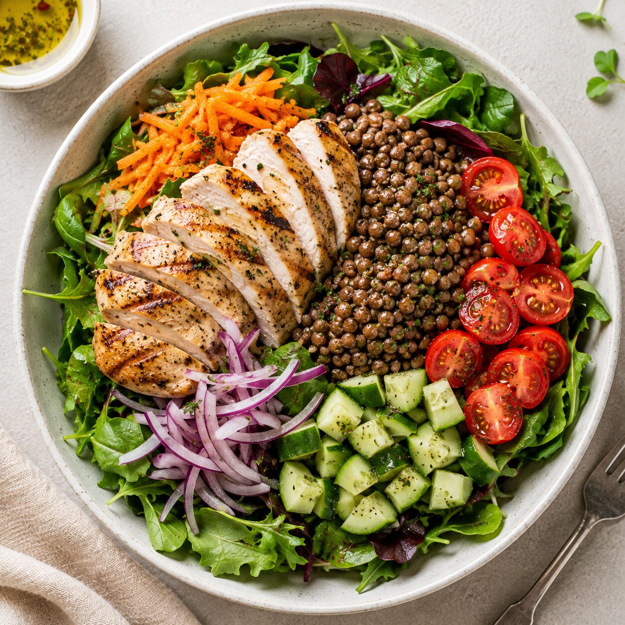 Salade complète avec poulet grillé, lentilles, tomates cerises, concombre et carottes râpées