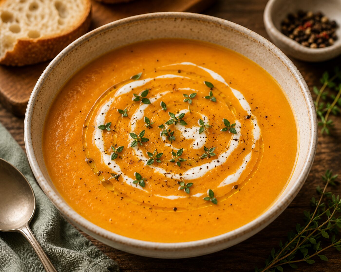 Bol de soupe de légumes onctueuse avec un filet de crème et des herbes fraîches