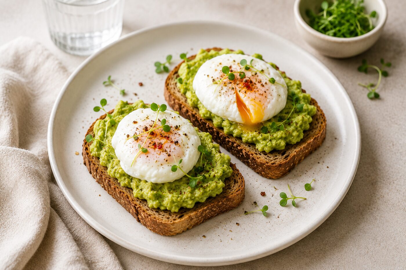 Tartines de pain complet à l'avocat écrasé et à l'œuf poché