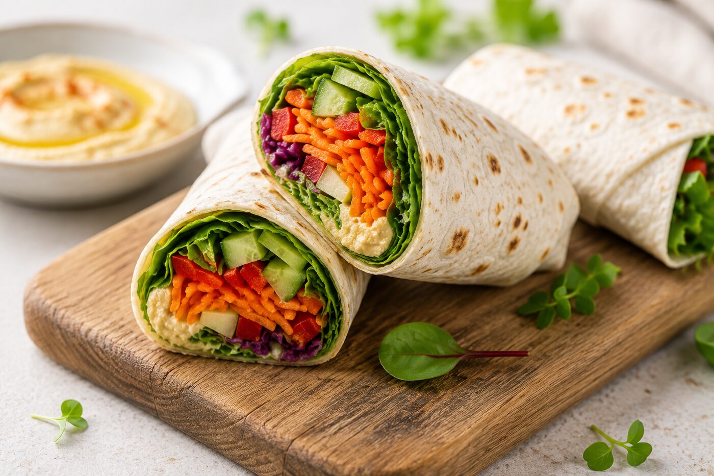 Wrap végétarien roulé, coupé en deux, garni de légumes croquants et d'houmous