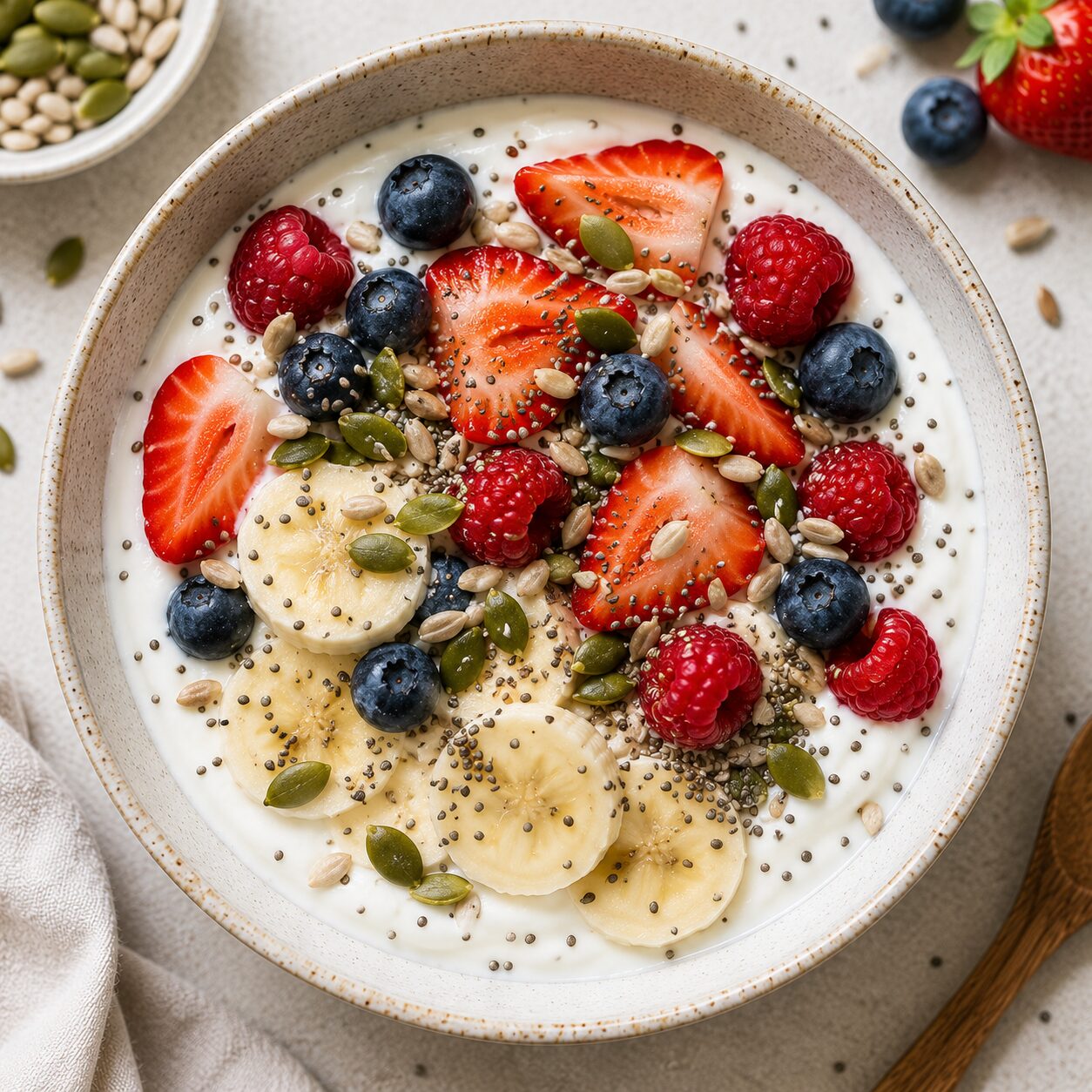 Bol de yaourt garni de fruits rouges, banane et graines variées